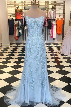 Sky Blue Spaghetti Strap Backless Pageant Mermaid Prom Dresses Formal Dress PL350 | sky blue prom dresses | lace prom dresses | promnova.com