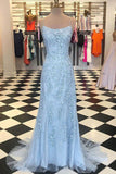 Sky Blue Spaghetti Strap Backless Pageant Mermaid Prom Dresses Formal Dress PL350 | sky blue prom dresses | lace prom dresses | promnova.com