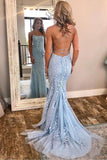 Sky Blue Spaghetti Strap Backless Pageant Mermaid Prom Dresses Formal Dress PL350