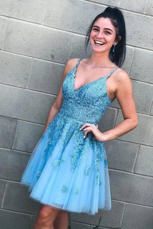 Sky Blue Tulle A Line V Neck Lace Appliques Short Homecoming Dresses, PH365 | blue prom dress | short party dress | short prom dresses | graduation dress | promnova.com