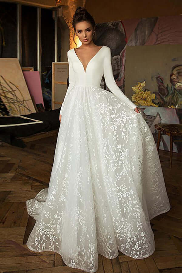 Stretchy Satin A Line V-Neck Long Sleeves Lace Wedding Dress, Bridal Gown, PW338 | satin wedding dresses | lace wedding gown | cheap wedding dresses | promnova.com
