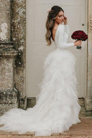 Tulle A-line Bateau Neck Long Sleeves Ruffles Wedding Dresses With Train, PW304 | cheap wedding dresses | a line wedding dress | long sleeves wedding dresses | promnova.com