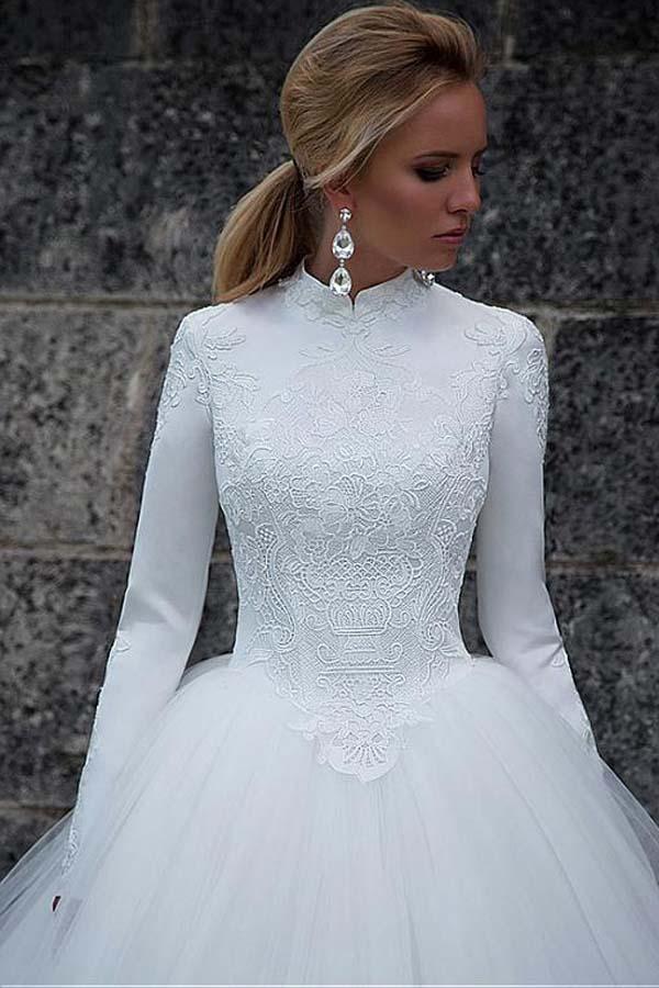 Tulle Ball Gown Long Sleeves Vintage Wedding Dresses With Lace Appliques, PW332 | cheap lace wedding dresses | long sleeves wedding dresses | wedding dresses stores | promnova.com
