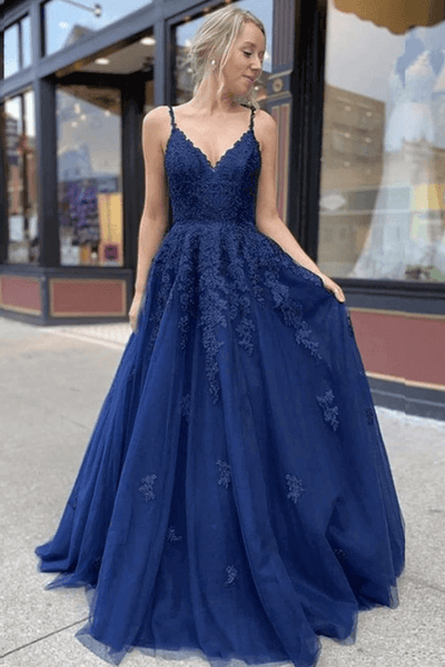 Tulle Navy Blue A-line V-neck Long Prom Dresses PL414