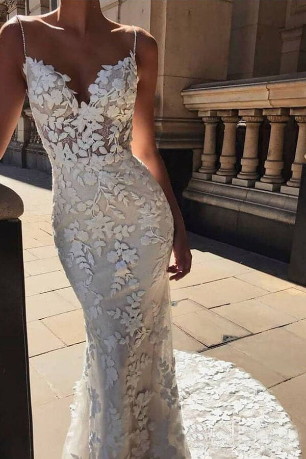 Vintage Mermaid V-neck Spaghetti Straps Lace Appliques Wedding Dresses PW272 | ivory lace wedding dress | wedding dresses online | beach wedding dresses | www.promnova.com
