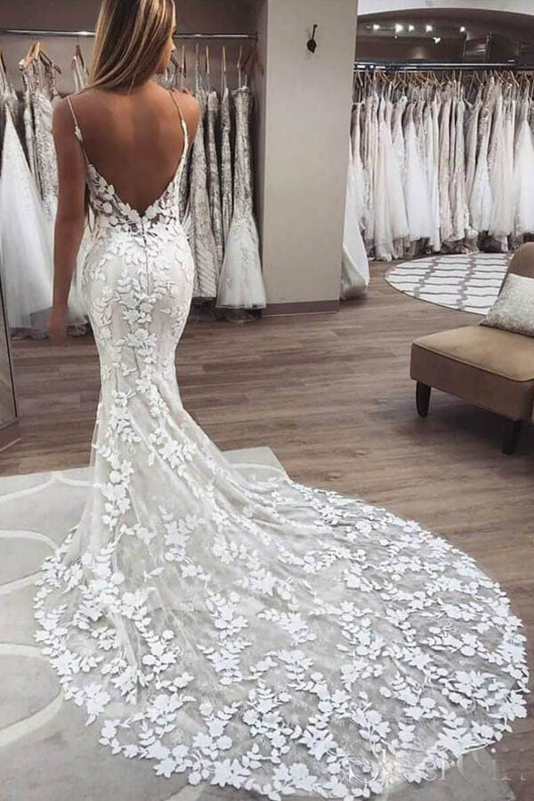 Vintage Mermaid V-neck Spaghetti Straps Lace Appliques Wedding Dresses PW272 | mermaid wedding dress | cheap lace wedding dresses | bridal gown | www.promnova.com