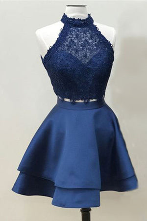 Two Piece Dark Blue A-line Satin Short Prom Dresses Homecoming Dress
