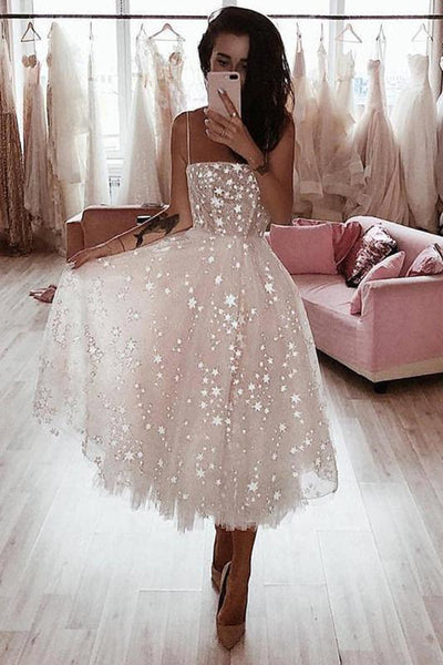 A Line Pearl Pink Tea Length Spaghetti Strap Homecoming Dress With Beading – Promnova