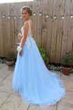 Elegant A line V neck Blue Backless Tulle Lace Long Prom Dresses Formal Dresses |promnova.com