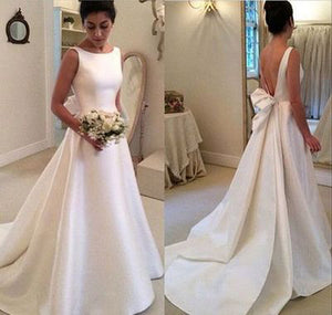 White Satin A Line Backless Wedding Dresses with Sweep Train, PW139