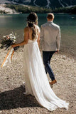 Simple White Chiffon A-line Spaghetti Straps Beach Lace Wedding Dresses PW238 |promnova.com