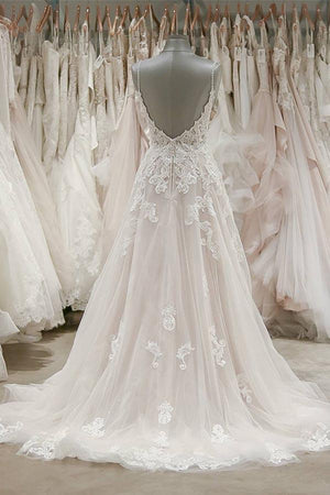 Strap V Neck Sleeveless Tulle Beach Backless Ivory Wedding Dresses PW239 |promnova.com