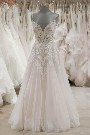Strap V Neck Sleeveless Tulle Beach Backless Ivory Wedding Dresses |www.promnova.com