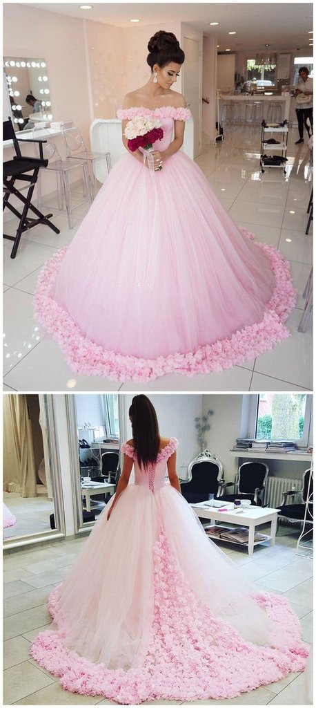 Pink Off shoulder Ball Gown Tulle Flowers Wedding Dresses Quinceanera Dresses PW243 |www.promnova.com