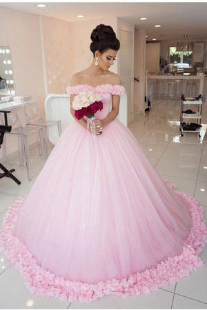 Pink Off shoulder Ball Gown Tulle Flowers Wedding Dresses Quinceanera Dresses |www.promnova.com