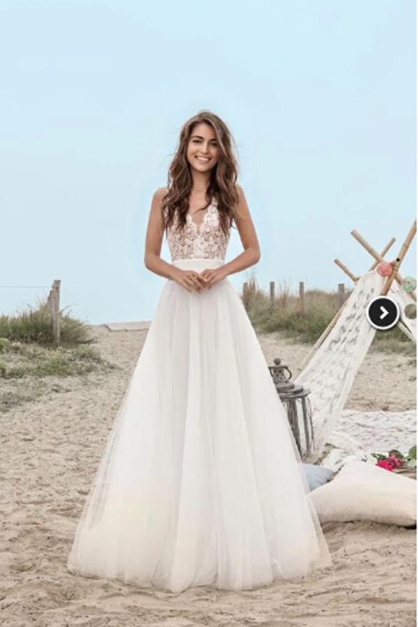 A-Line Lace Floor-Length V-Neck Open Back Boho Sleeveless Tulle Beach Wedding Dress |www.promnova.com