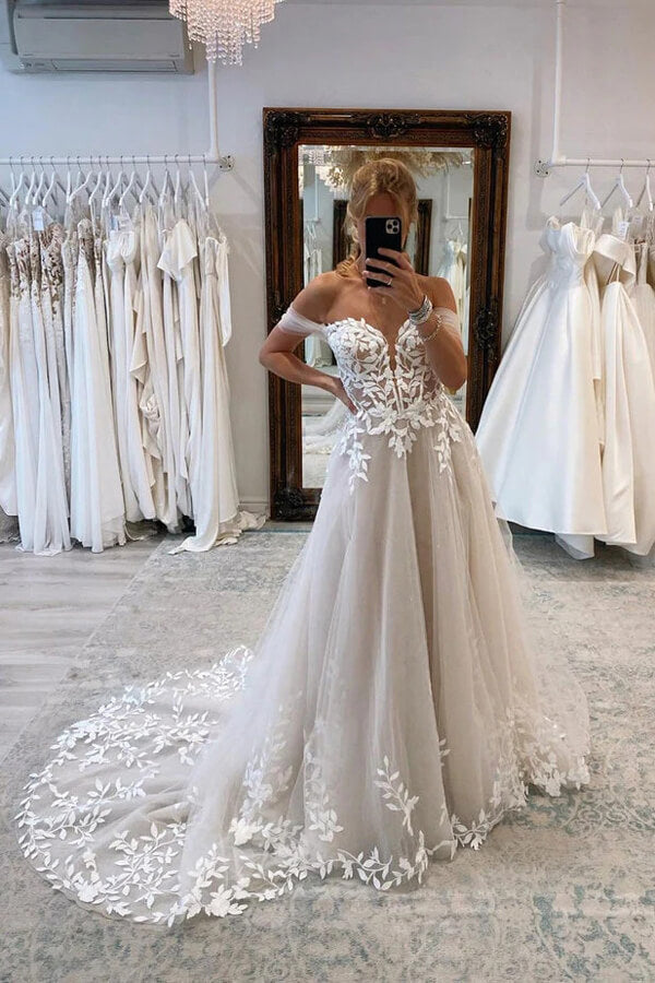 A-line Off Shoulder Wedding Dress With Lace Appliques PW389 | Promnova A-line Off Shoulder Wedding Dress With Lace Appliques PW389 | Promnova