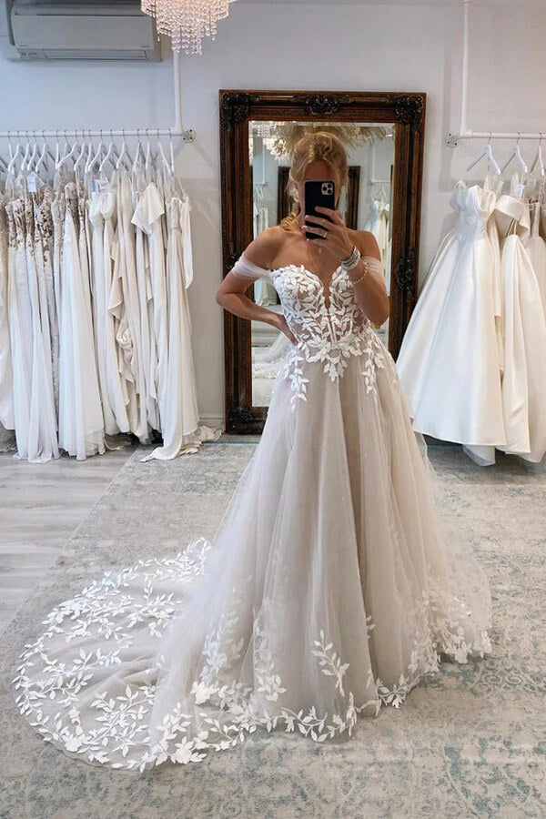 A-line Off Shoulder Wedding Dresses With Lace Appliques, Bridal Dress, PW389 image 1