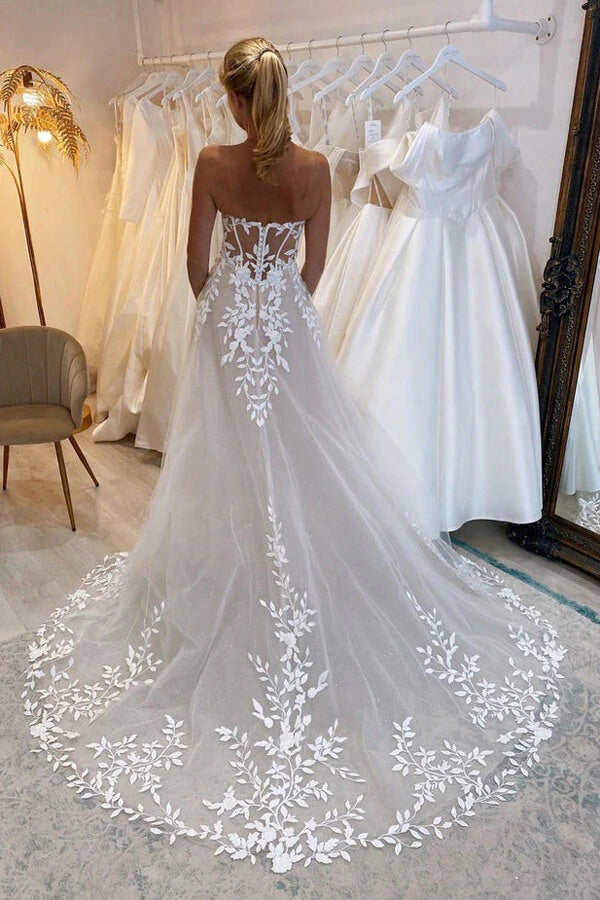 A-line Off Shoulder Wedding Dresses With Lace Appliques, Bridal Dress, PW389 image 2