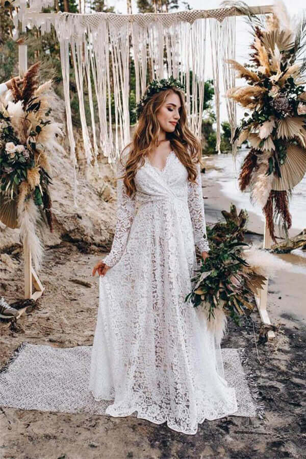 A Line V Neck Long Sleeves Lace Beach Wedding Dresses PW382