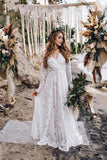 A Line V Neck Long Sleeves Lace Beach Wedding Dresses, Bridal Gown, PW382