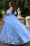 Baby Blue Tulle A Line Off Shoulder Princess Floral Long Prom Dresses, PL647 | lace prom dress | long formal dress | evening gown | promnova.com