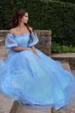 Baby Blue Tulle A Line Off Shoulder Princess Floral Long Prom Dresses, PL647