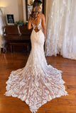 Beautiful Lace Mermaid V Neck Bohemian Wedding Dresses With Train, PW391 | cheap lace wedding dress | wedding gowns | bridal style | promnova.com