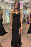 Black Satin Mermaid Lace Appliques Spaghetti Straps Prom Dress With Slit, PL718 | mermaid prom dress | simple prom dress | long formal dress | promnova.com