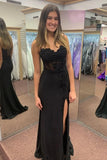 Black Satin Mermaid Lace Appliques Spaghetti Straps Prom Dress With Slit, PL718 | lace prom dress | evening dresses | party dress | promnova.com