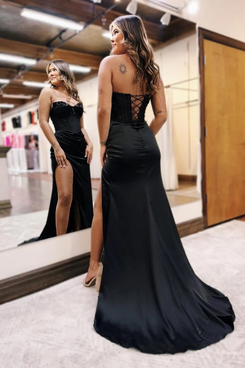 Black Satin Mermaid Sweetheart Beaded Long Prom Dresses With Slit, PL720 | backless prom dress | satin prom dress | prom dress stores | promnova.com