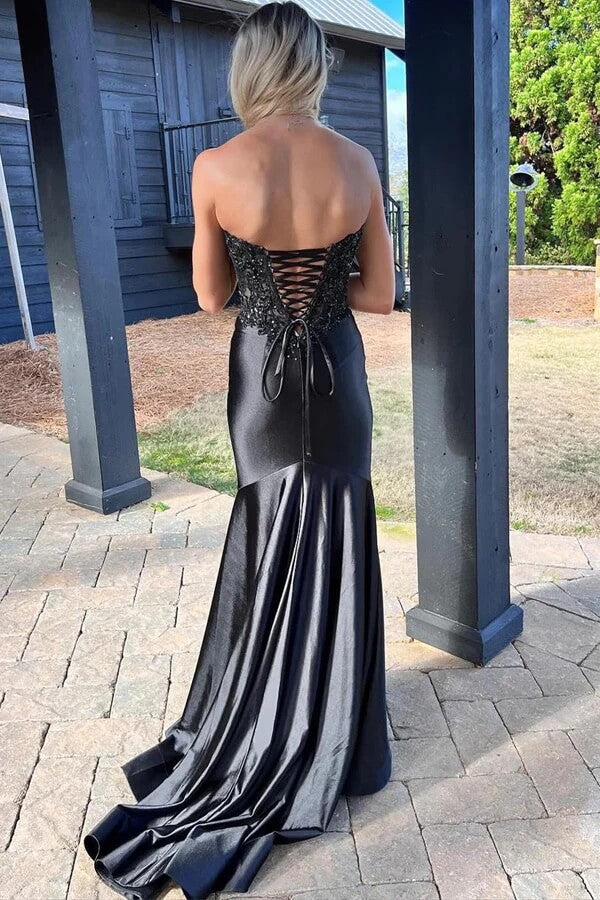Black Satin Mermaid Sweetheart Long Prom Dresses With Beading, PL662 image 2