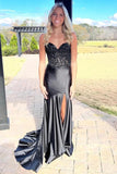 Black Satin Mermaid Sweetheart Long Prom Dresses With Beading, PL662 image 1