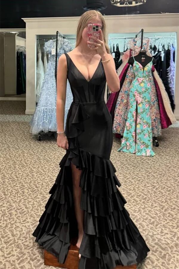 Black Satin Mermaid V Neck Ruffle Long Prom Dresses, PL667 | Promnova US14 / As Picture