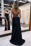 Black Satin Sheath Spaghetti Straps Long Prom Dresses With Side Slit, PL585 | simple prom dresses | long formal dresses | prom dresses for girls | promnova.com