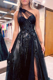 Black Tulle A Line One Shoulder Long Prom Dress With Lace Appliques, PL572 image 3