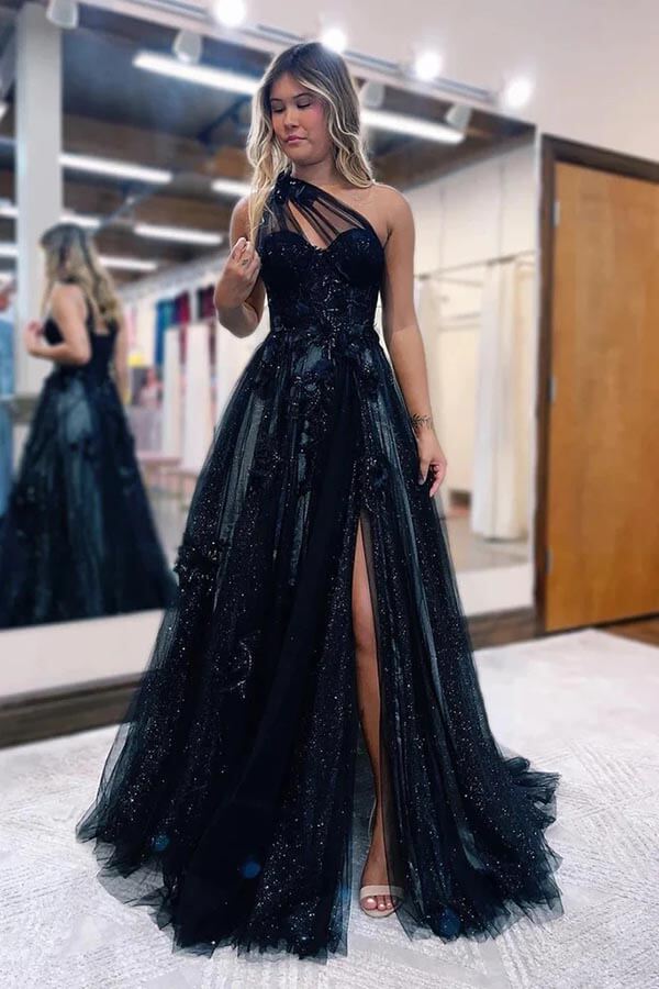 Black Tulle A Line One Shoulder Long Prom Dress With Lace Appliques, PL572 image 1