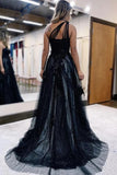 Black Tulle A Line One Shoulder Long Prom Dress With Lace Appliques, PL572 image 2