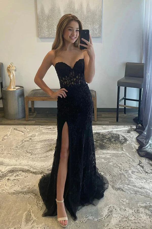 Black Tulle Sheath Strapless Prom Dress With Lace Appliques, Party Dress, PL590 | cheap long prom dress | long formal dress | evening dress | promnova.com