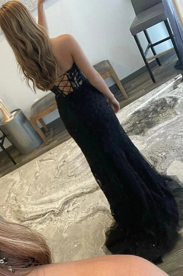 Black Tulle Sheath Strapless Prom Dress With Lace Appliques, Party Dress, PL590 | mermaid prom dress | lace prom dress | simple prom dress | promnova.com