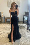 Black Tulle Sheath Strapless Prom Dress With Lace Appliques, Party Dress, PL590