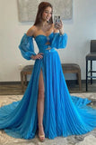 Blue Chiffon A Line Sweetheart Long Prom Dresses With Slit, Party Dress, PL605 | cheap long prom dress | blue prom dress | evening gown | promnova.com