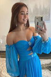 Blue Chiffon A Line Sweetheart Long Prom Dresses With Slit, Party Dress, PL605 | prom dresses online | evening dresses | prom dress for girls | promnova.com