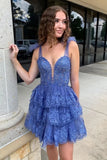 Blue Lace Appliques A Line V Neck Layered Short Homecoming Dresses, PH454 image 2