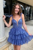 Blue Lace Appliques A Line V Neck Layered Short Homecoming Dresses, PH454