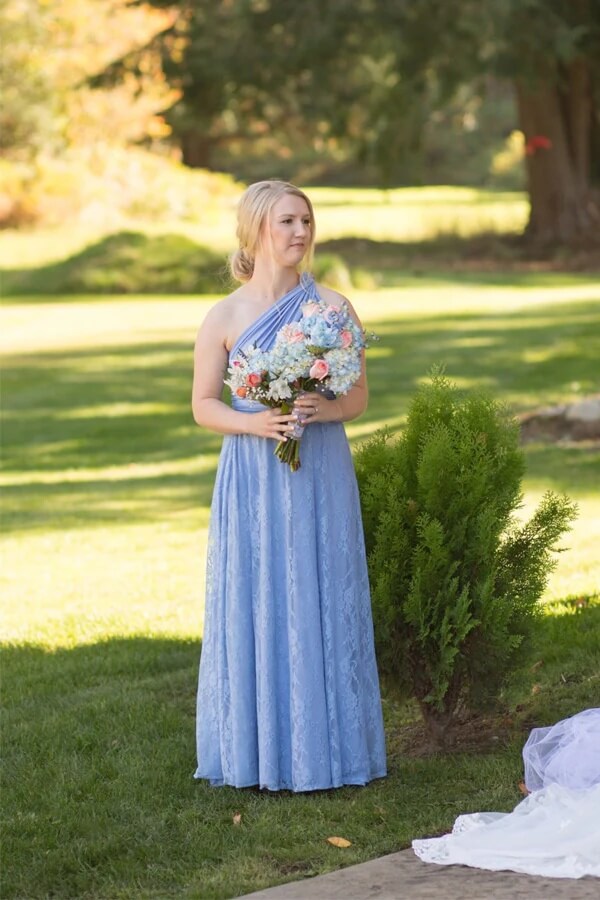 Blue Lace One Shoulder Long Bridesmaid Dresses, PB189