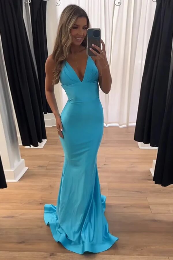 Blue Mermaid Halter Bow Tie Back Simple Prom Dresses With Train, PL716 image 1