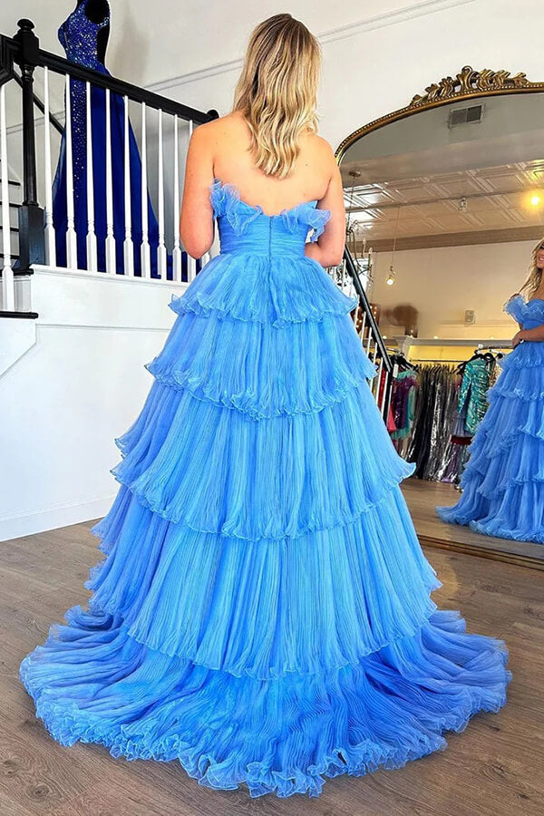 Blue Organza Strapless Prom Dresses With Ruffles, PL637 | Promnova US12 / Custom Color Blue Organza Strapless Prom Dresses With Ruffles, PL637 | Promnova US12 / Custom Color