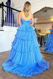Blue Organza A Line Strapless Prom Dresses With Ruffles, Evening Dress, PL637 image 4