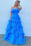 Blue Organza A Line Strapless Prom Dresses With Ruffles, Evening Dress, PL637